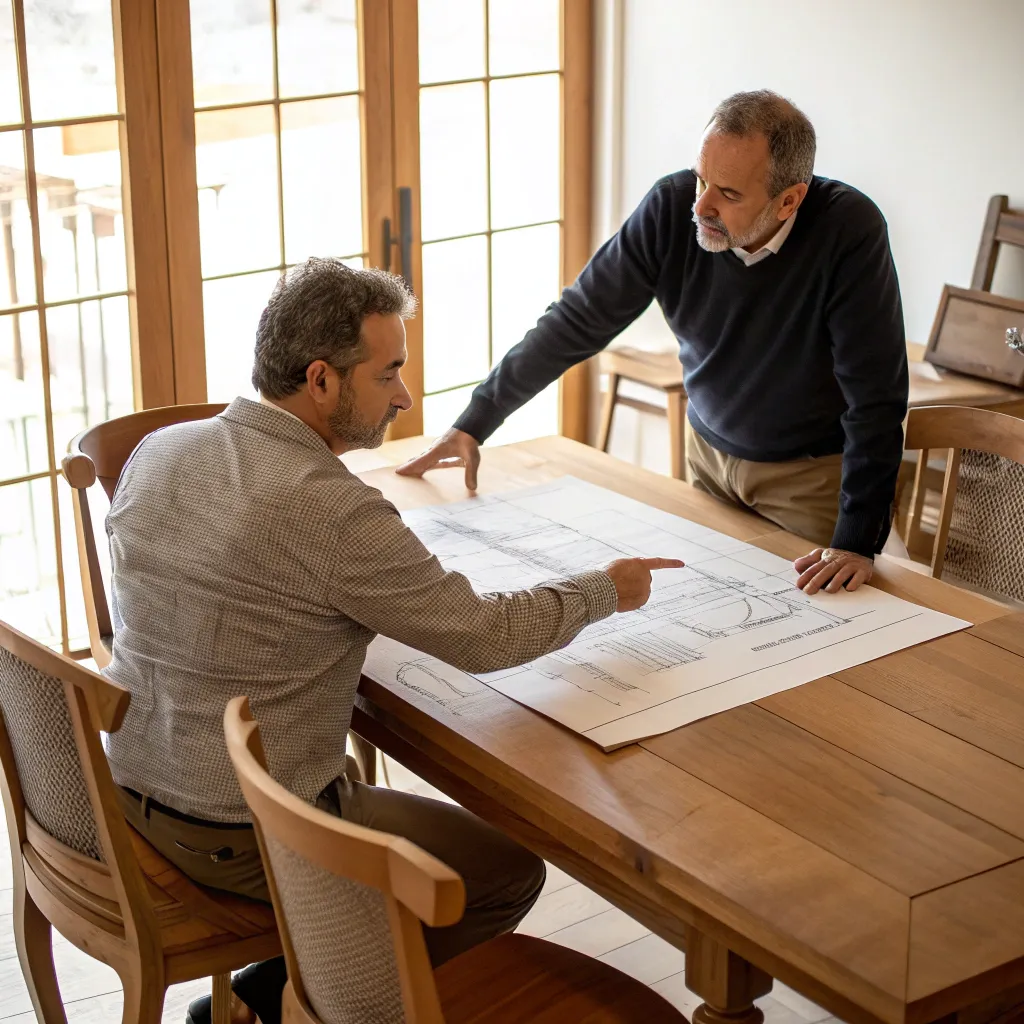 Founders of THALORAVIA discussing a wooden furniture blueprint