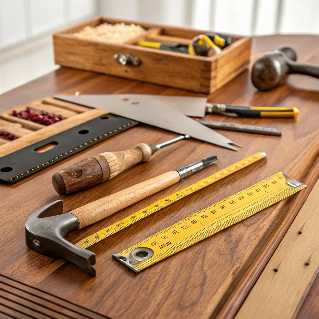 Woodworking tools arranged on a table